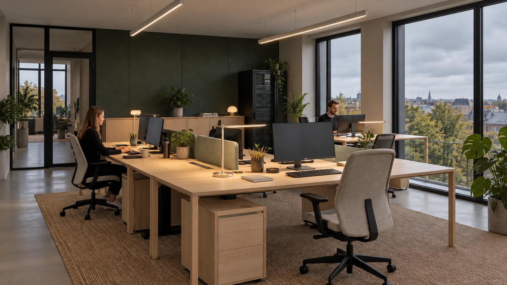 To medarbejdere arbejder i et kontor, hvor lamperne supplerer dagslyset under en overskyet himmel.